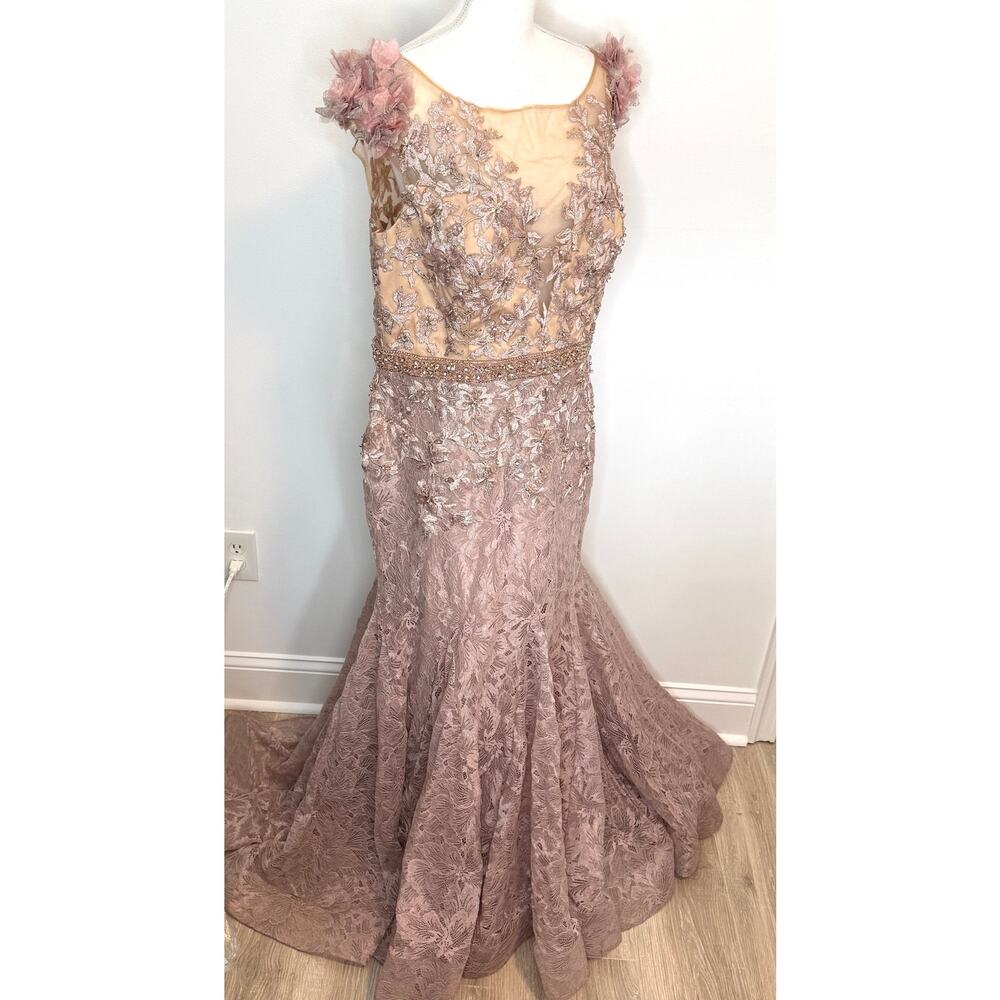 Mac Duggal 79368 Pink Embellished Lace Illusion Neck Gown With 3D Flowers Mocha - Picture 7 of 16